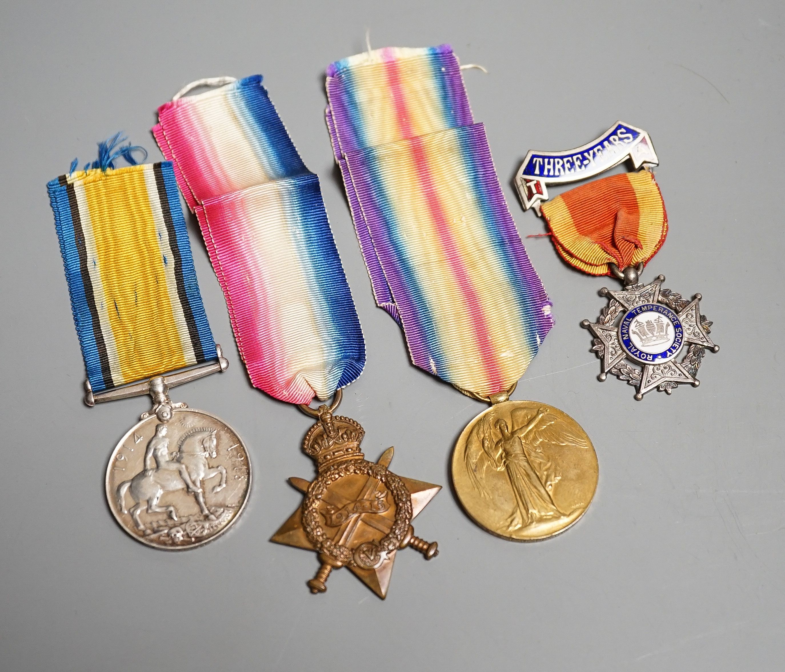 A WWI trio to J. 28219 Thomas H Parnham Able Seaman, Royal Navy, KIA aboard destroyer HMS Strongbow, sunk 17th October 1917, and a Royal Navy Temperance Society Three-Years medal (4)